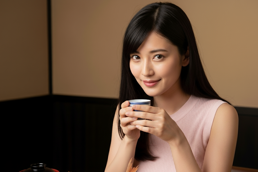 食事後の温かいお茶を飲もうとしている女性