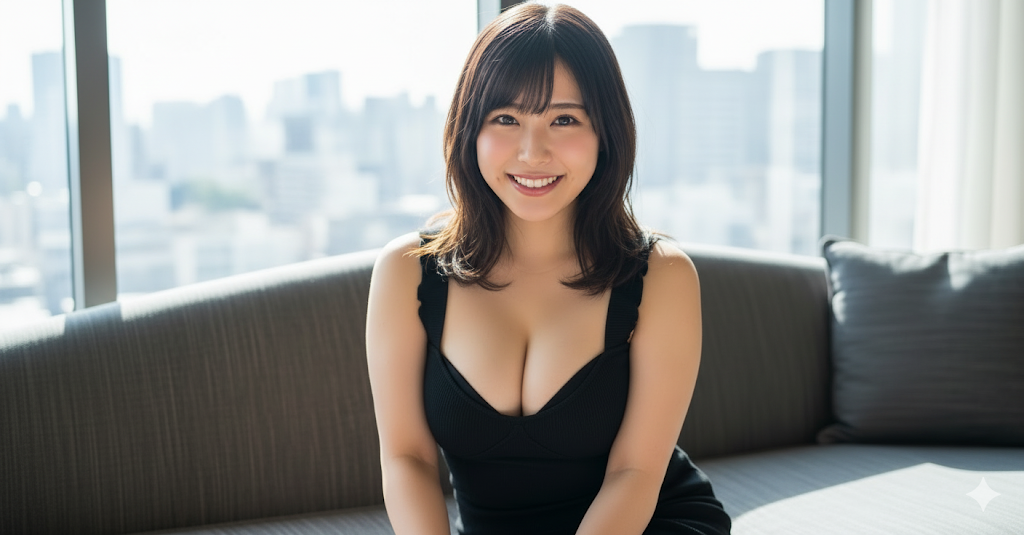 Gカップ女性、高級ソファーに座ってこっちを見ている画像