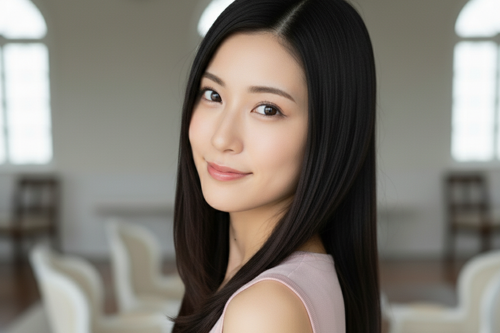 艶のある黒髪のセンターわけの女性が振り向いてこちらを見ている