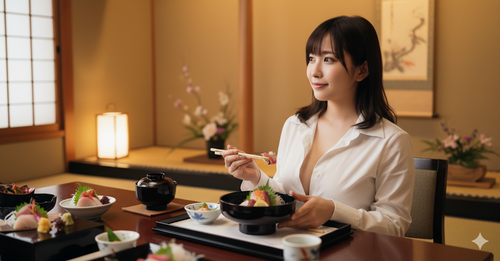 畳で机があり、和食な割烹料理の有名店で食事をしている女性