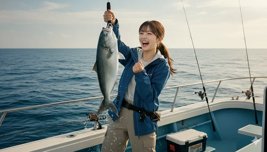 海釣りを趣味としている女性が海で大きな魚をゲットして大はしゃぎしている画像