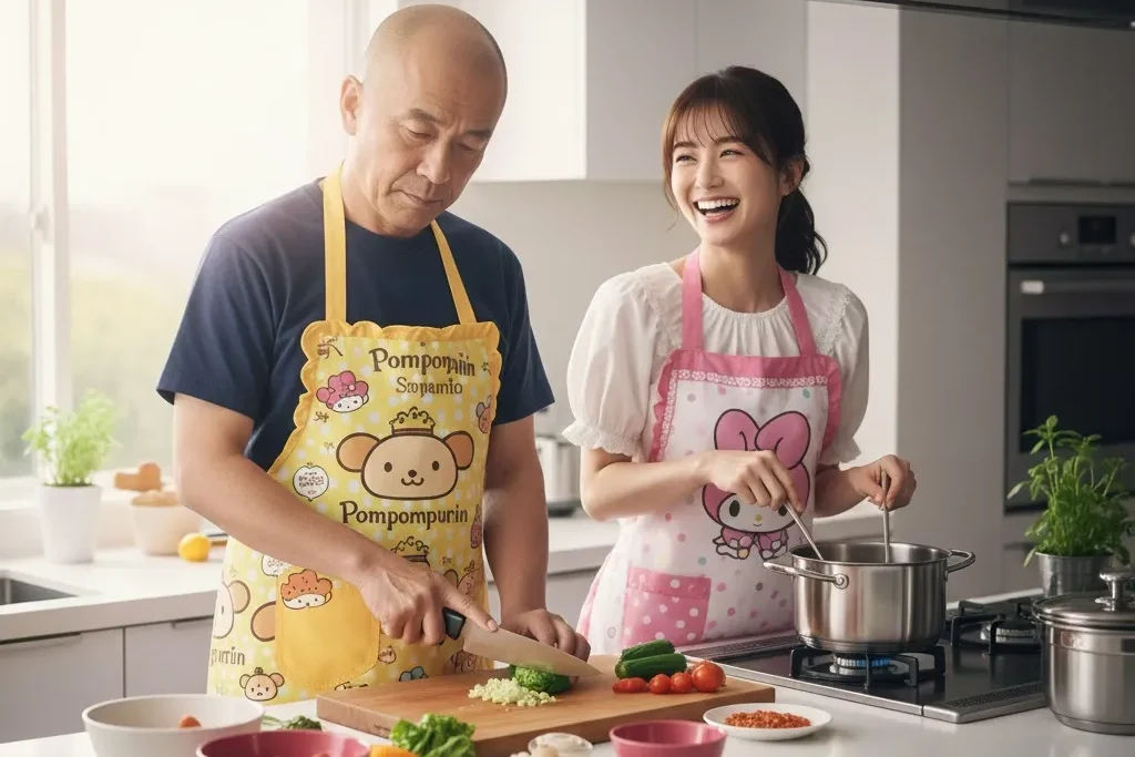 男性と女性が一緒に可愛いエプロンをつけて料理をしている画像