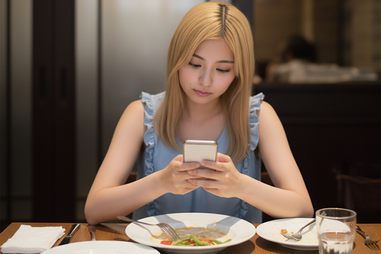 食事中もスマホを見ていて、デートが詰まらなさそうにしている女性のポートレート