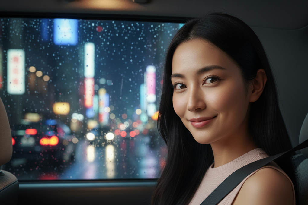 雨の日に一緒にタクシーに乗車し、ふと見るとこちらの顔をずっと凝視していた女性のポートレート