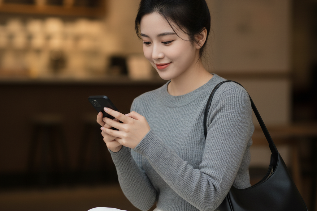 待ち合わせ場所で時間前に到着して、黒いスマホを持っているグレーのニットを着た女性のポートレート画像