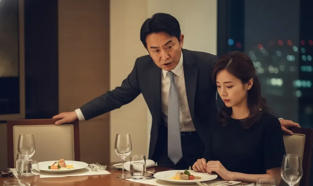 男性が食事の席で女性に対して横柄な態度をとり立ち上がって説教している画像