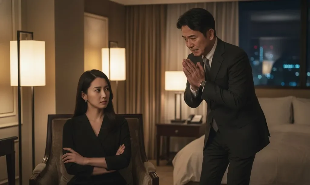 ホテルの一室で女性に対して手を合わせて懇願している男性の画像