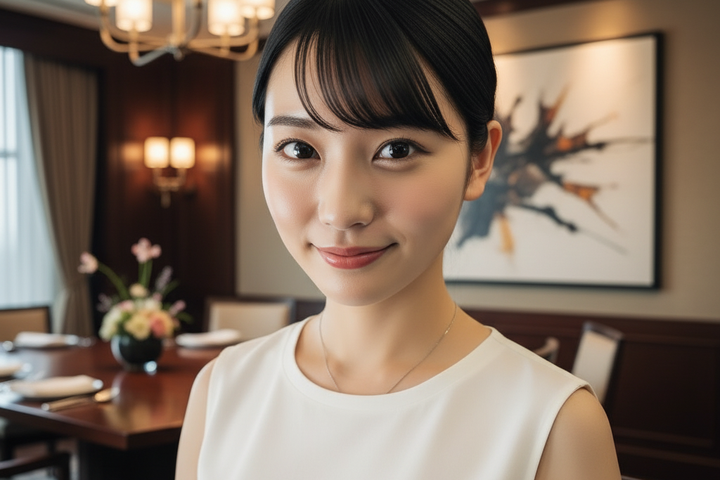 食事の個室の部屋で白いトップスを着た女性のポートレート