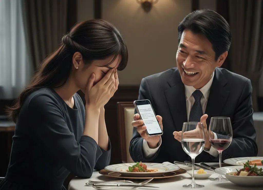 食事の席で男性が女性にスマホを見せてニヤニヤしているが、女性はかなり落ち込んでいる画像