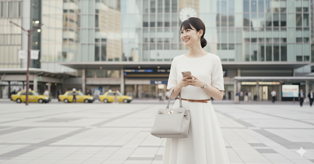 銀座の待ち合わせ場所で待っているところを撮影したポートレート画像