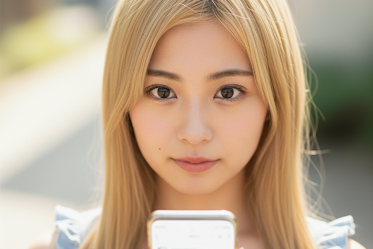 スマホを持っている金髪の女性のポートレート