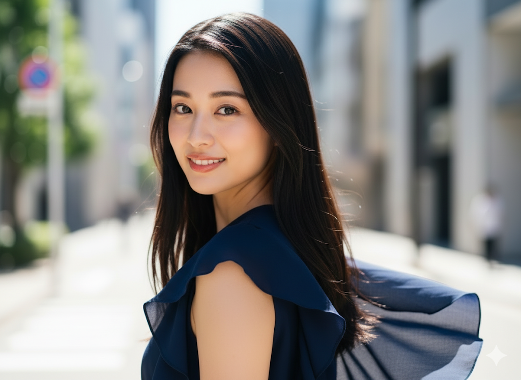 風に靡いている紺色のトップスを着ている女性がこちらを見て微笑んでいるポートレート