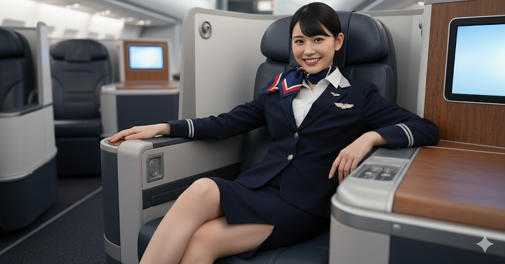 ファーストクラスの席に座っている客室乗務員のポートレート