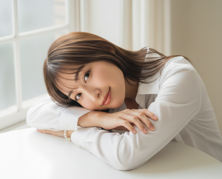 机に寝そべって、物欲しそうに笑顔でこちらを見ている女性