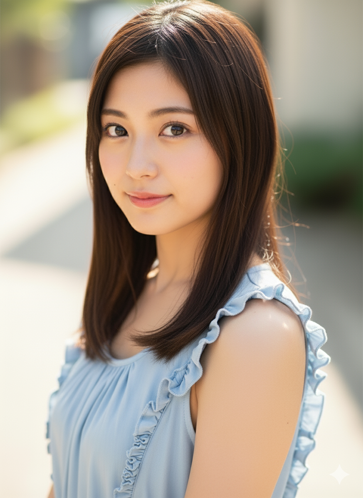 青いトップスの服を着た女性が、こちらを笑顔で見ている