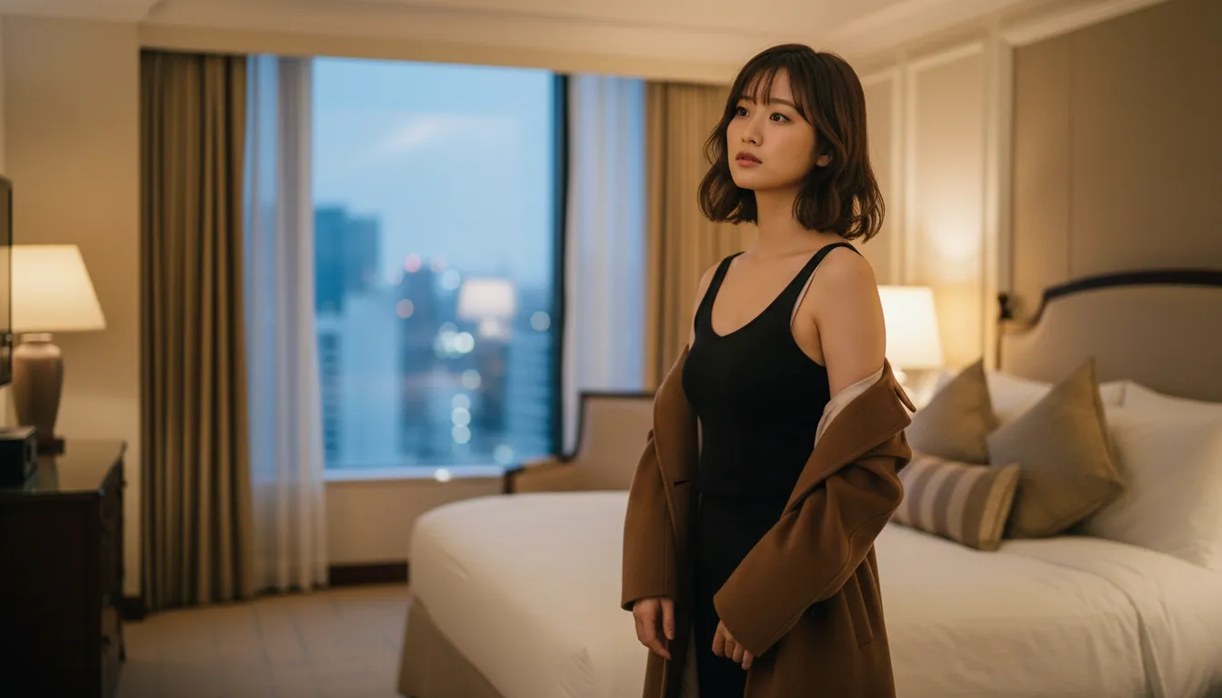 コートを脱いでいる目が泳いでいる女性が立っているポートレート