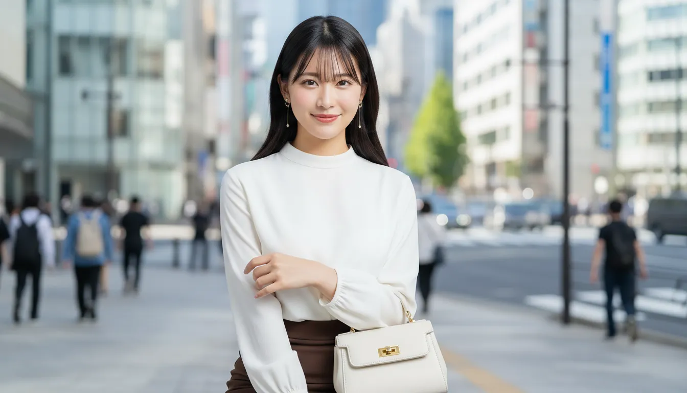 六本木の歩道で白い服を着た女性がこちらを見て微笑んでいる