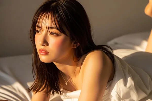 はだけた女性がベッドで朝日を浴びながら横になっている