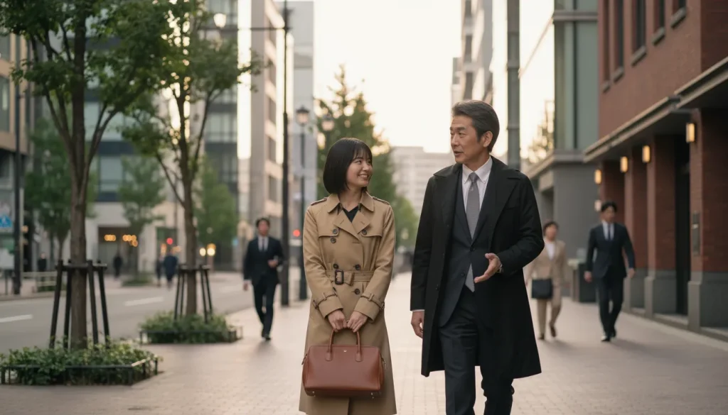 黒いコートを着た男性経営者とバーバリーのコートを着た女性が談笑しながら街中を歩いている