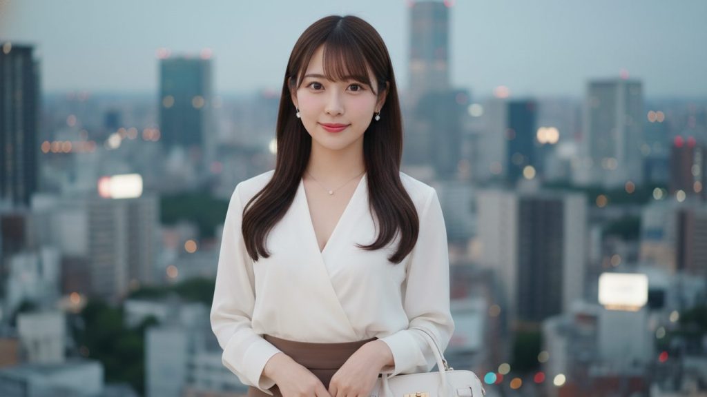 都会の喧騒をバックにただ図んでいる白いブラウスを着た女性のポートレート