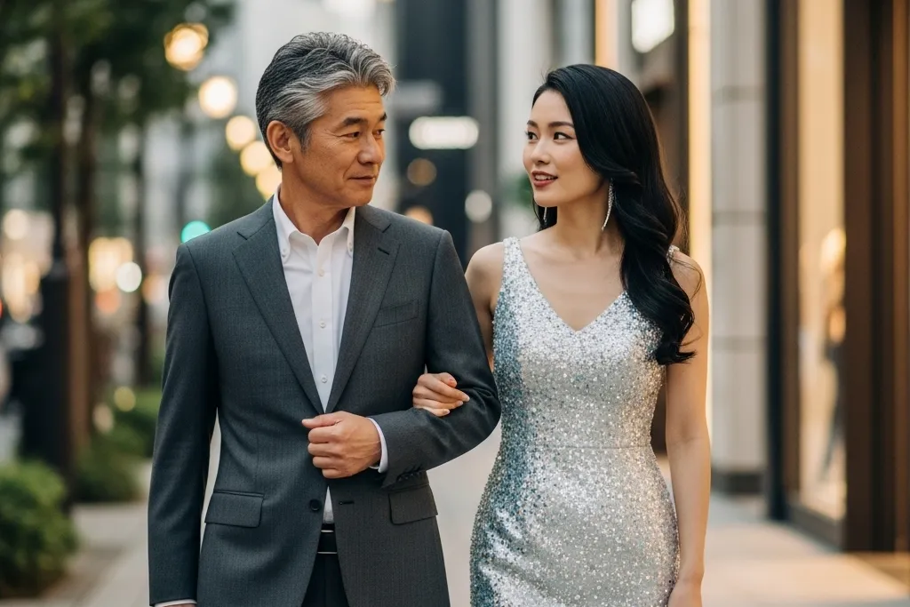 スーツ姿の男性と、ワンピースの女性が腕を組んでデートをしている