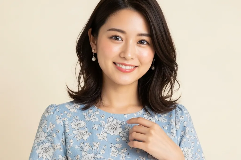 青い生地に花柄の服を着た笑顔の女性の画像