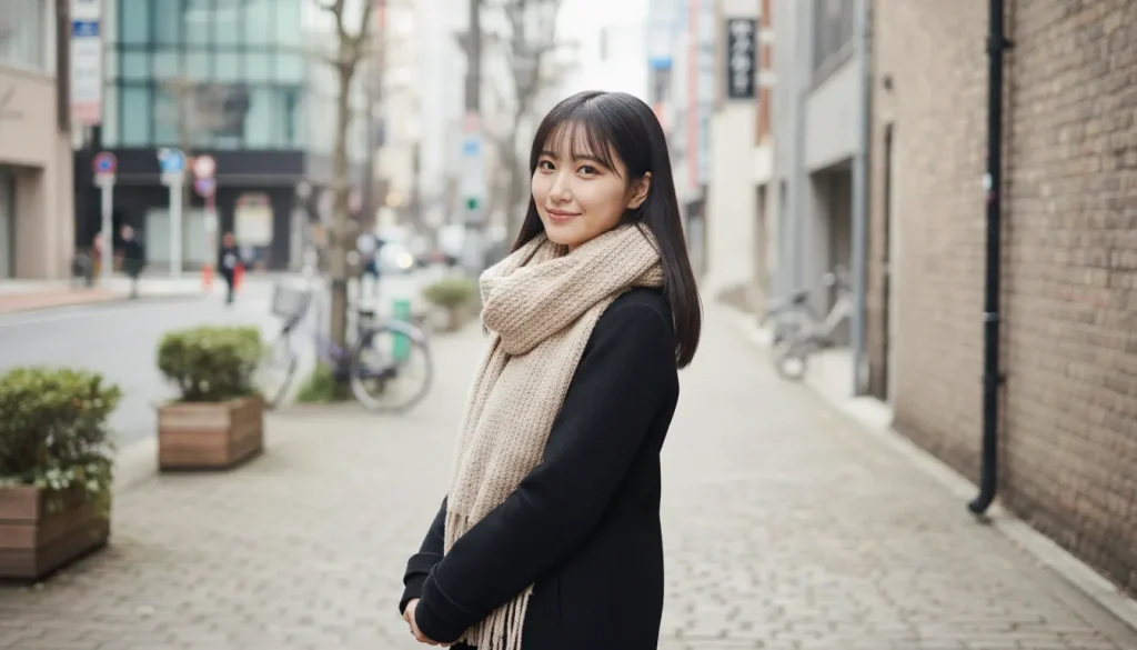 大きなマフラーをつけた黒いコートを羽織っている女性が西麻布の歩道で佇んでいる