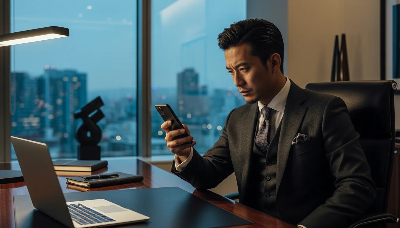 50代のダンディな日本人男性が、社長室で自分のスマホを見ながら考え事をしている様子