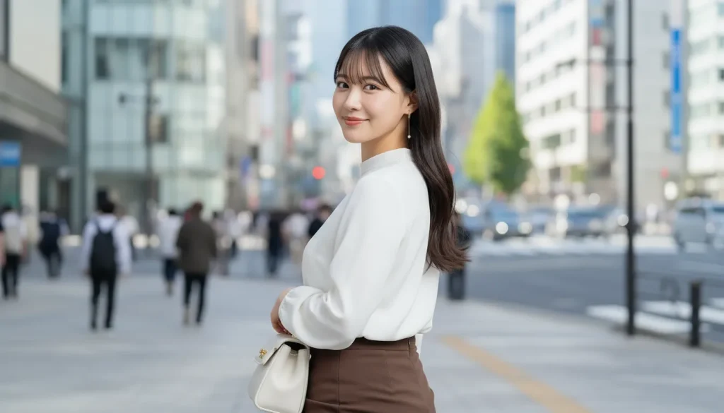 六本木の歩道で白い服を着た女性がこちらを見て微笑んでいる