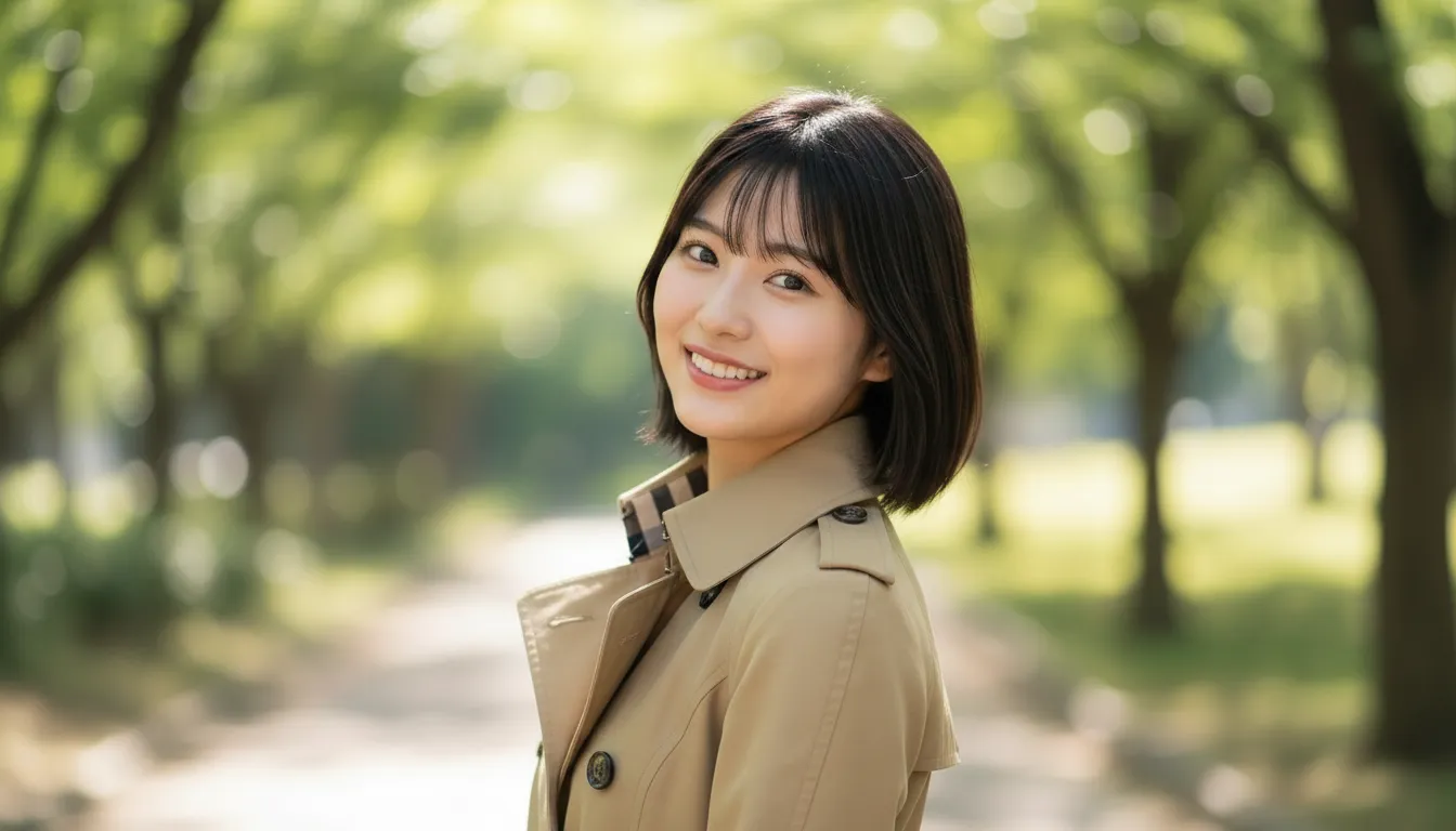 バーバリーのコートを着て笑顔を見せる女性