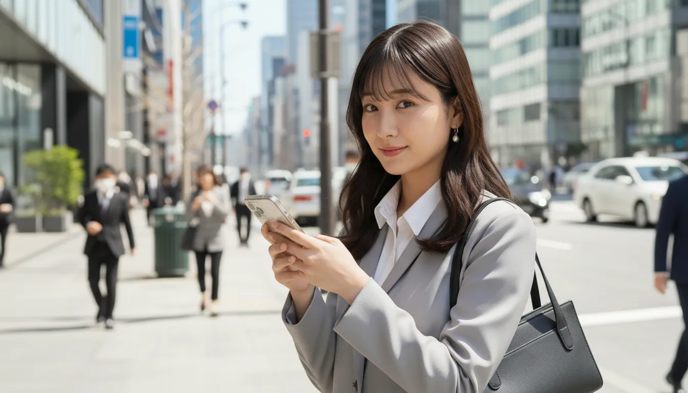 白のワイシャツグレーのジャケットを着た女性が黒い鞄を肩から下げて待ち合わせ場所で待っているポートレート