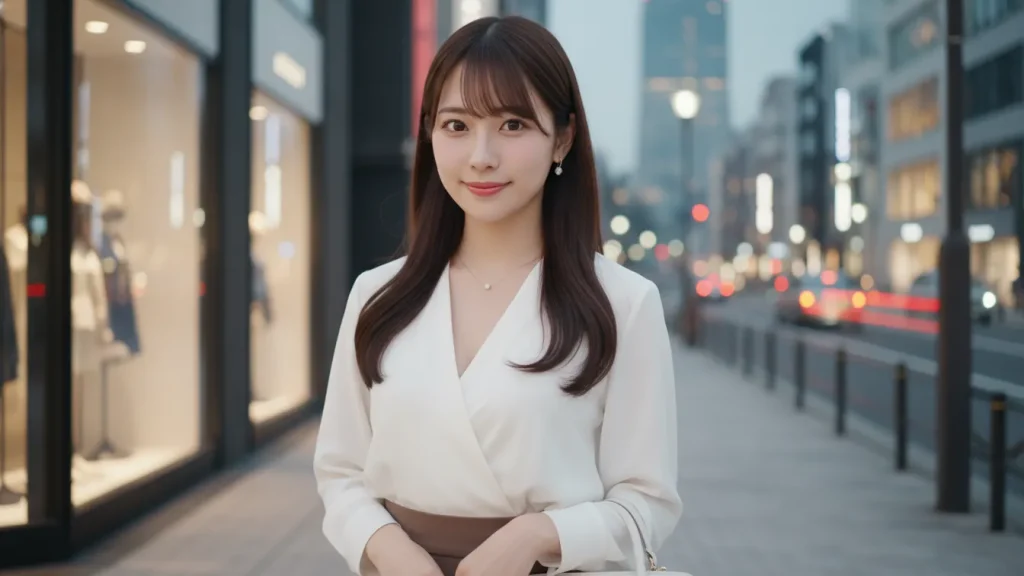 青山通りらへんで待ち合わせをしている白い服を着た女性のポートレート