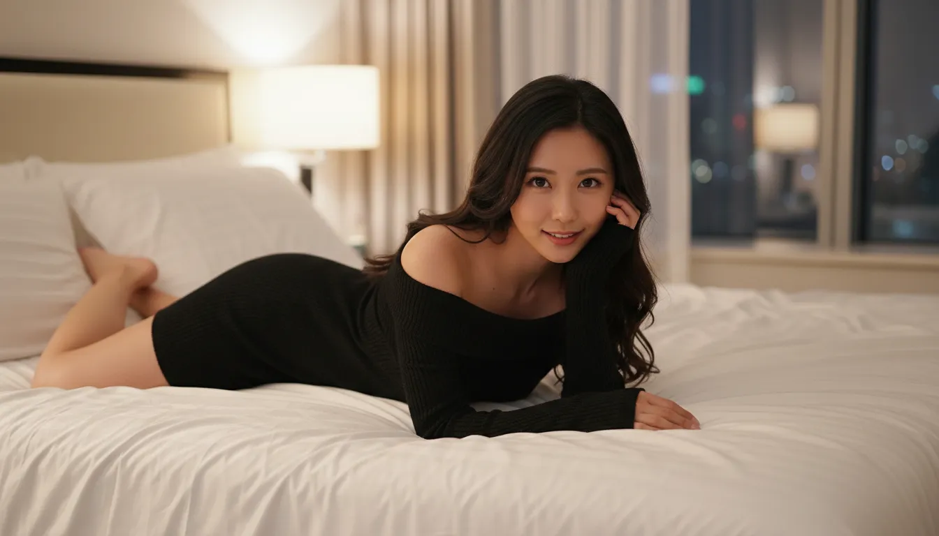 黒いタイトなニットを着た女性が、ホテルの一室のベッドで寝そべりながらこちらを微笑んでいる