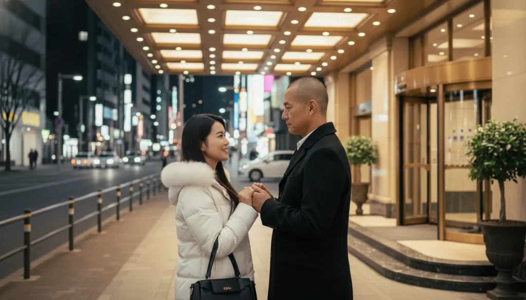 ホテルの前で女性と手をつなぎ合う著者の画像