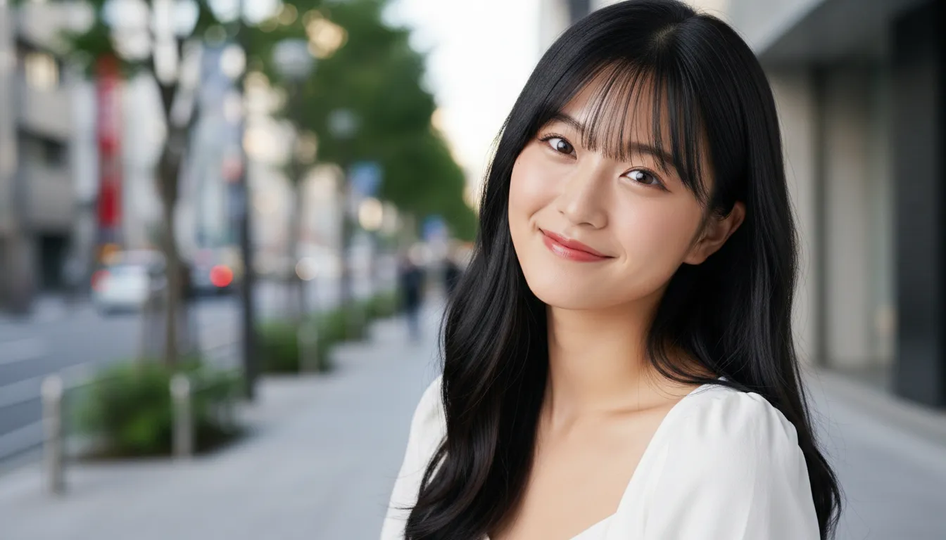 六本木の歩道でこちらをみて微笑んでいる白のトップスを着た女性