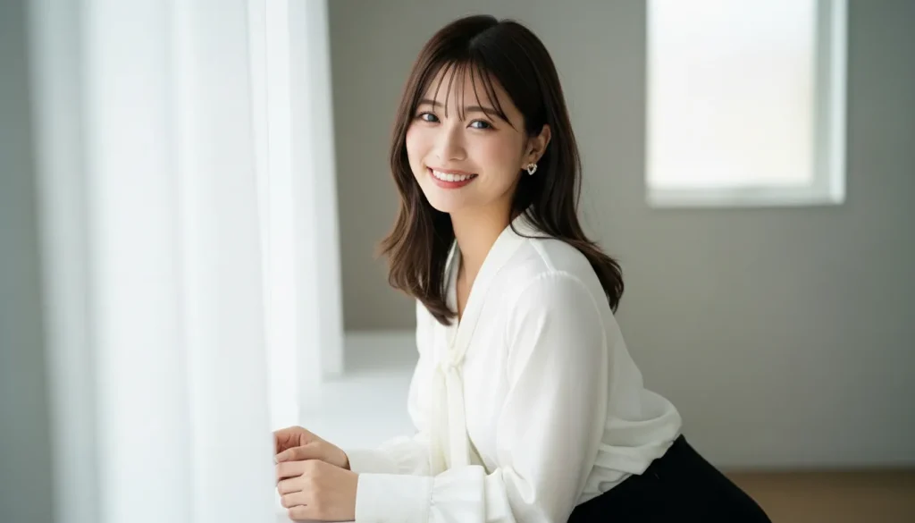 窓辺に座っている白い服を着た女性がこちらをみて微笑んでいる