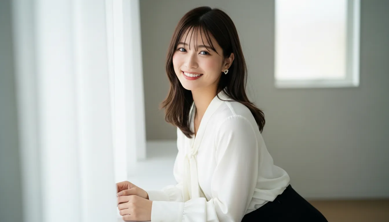 窓辺に座っている白い服を着た女性がこちらをみて微笑んでいる