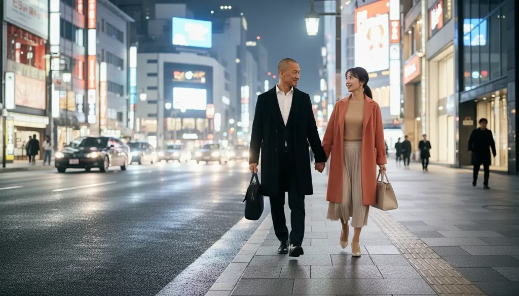 茶者であるシゾンと、オレンジのコートを着ている女性が六本木で二人談笑しながら歩いている