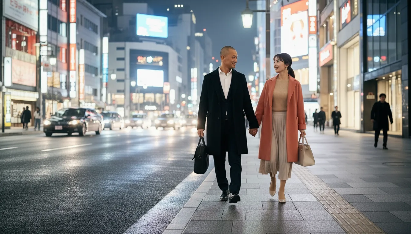 茶者であるシゾンと、オレンジのコートを着ている女性が六本木で二人談笑しながら歩いている