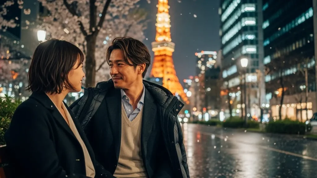 隣にカジュアルスーツにダウンコートを着た経営者風な男性40代日本人をおいて、一緒にデートを六本木でしている画像