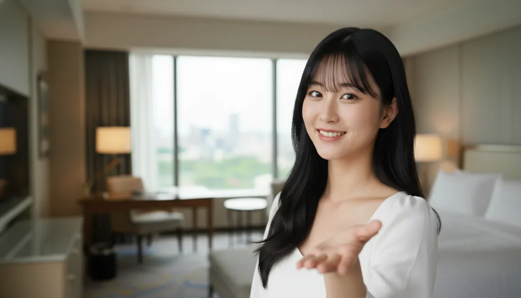 首をかしげながら甘えるような感じで手をさし伸ばしている女性