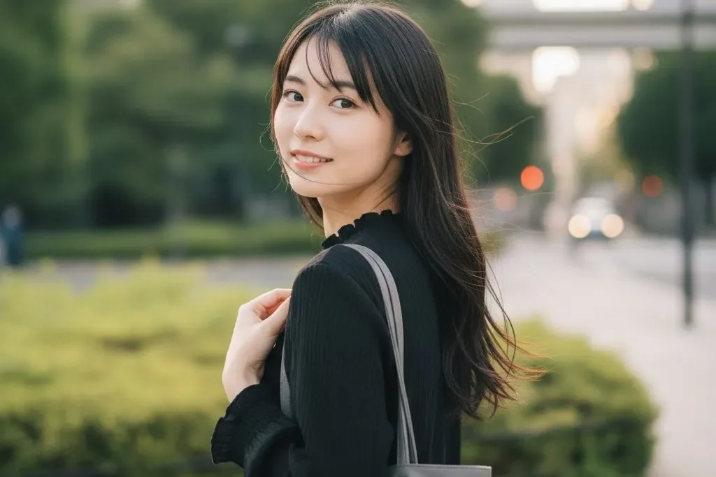 黒い長そでを着てる女性が振り向いてこちらに気付いたポートレート