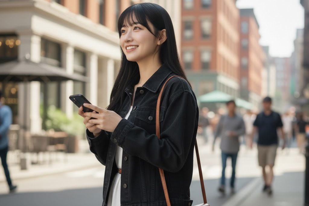黒のジャケットを羽織って白いワンピースを着た女性が待ち合わせ場所でスマホをもって待っている画像