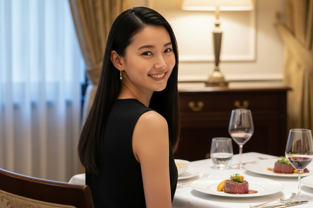 個室で食事をしている黒いトップスの女性が振り向いてこっちに笑顔を見せている画像