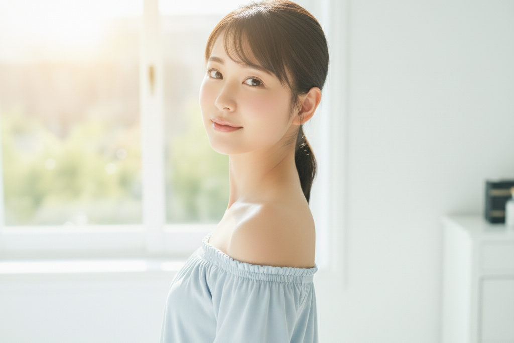 透明感のある純粋無垢な感じの女性が朝の光を背景にして笑顔でこちらを見ている