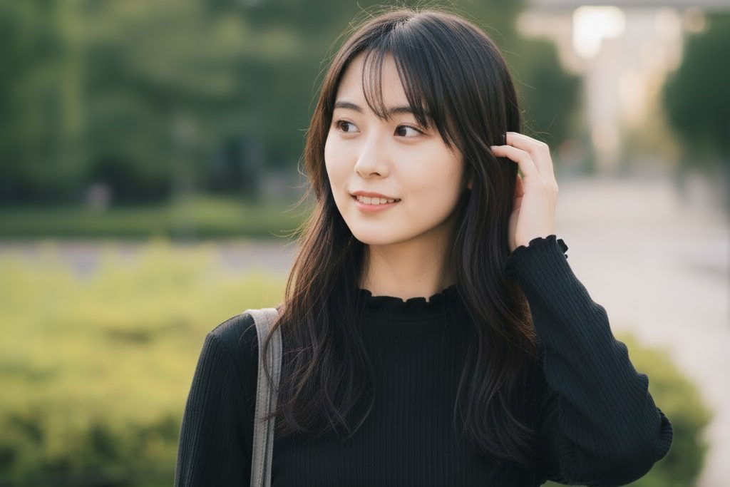 黒いニット風な上着に、グレーのカバンを持った女性