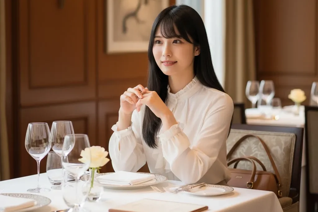 高級レストランで食事を待っている白い服を着た女性