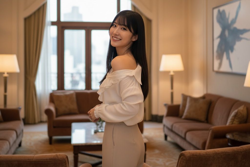 高級ホテルの一室で、すこし上着がはだけている女性