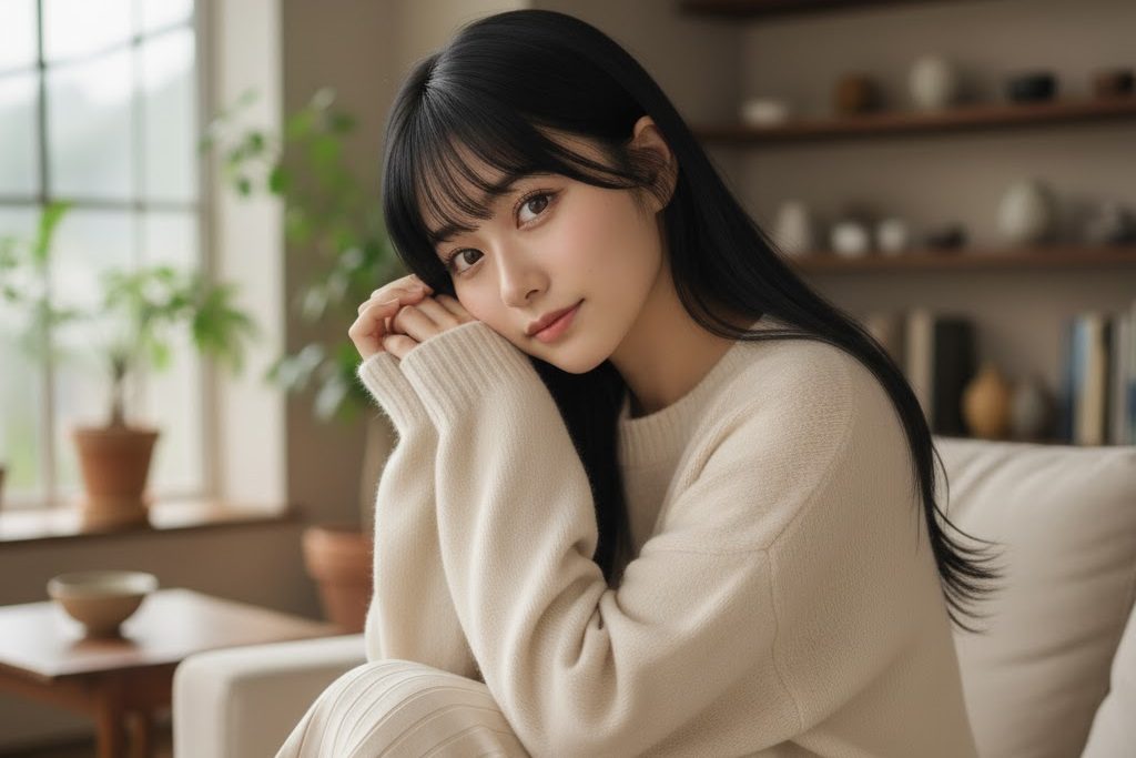 白いセーターを着てソファーに座りおねだりをしている女性