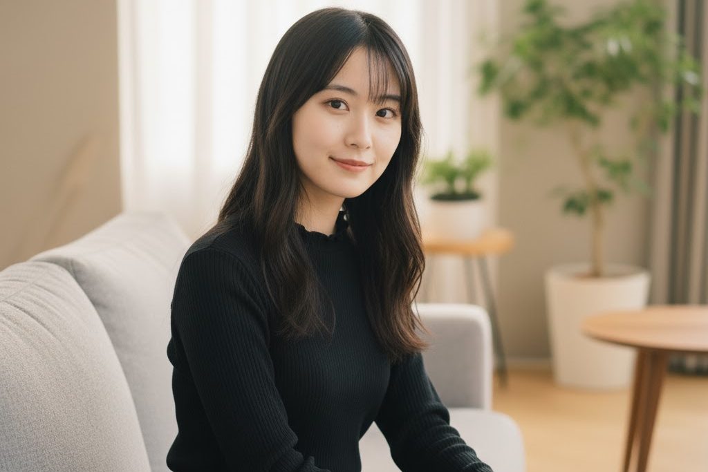 黒ニットの服を着た女性が、室内のソファーに座りこっちに微笑みかけている